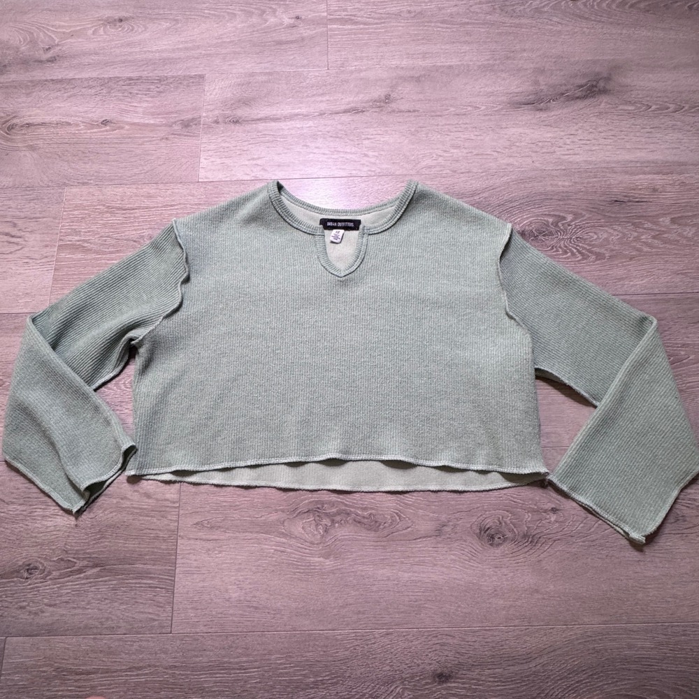 Urban Outfitters Sage Green Ribbed Knit Cropped Long Sleeve Split Neck Top XS